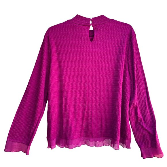 Calligraphie Waffle Textured Blouse XL Fuchsia Crinkle Hem Keyhole Button Back - Picture 2 of 10